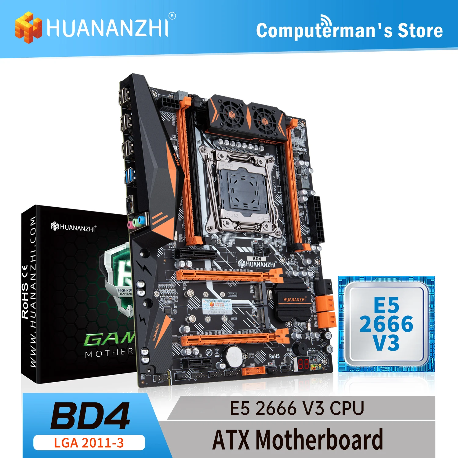 

HUANANZHI BD4 LGA 2011-3 Motherboard combo kit set Intel XEON E5 2666 V3 support 4 * DDR4 RECC NON-ECC memory M.2 NVME NGFF