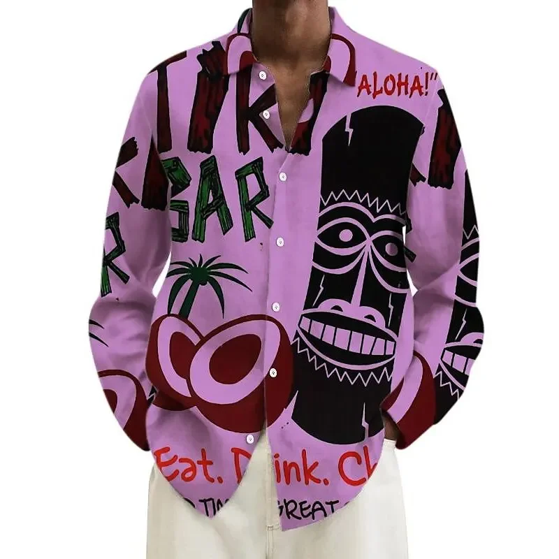Camisa hawaiana Vintage para hombre, Top informal con cuello abierto, estampado de máscara abstracta, cómoda camisa de manga larga