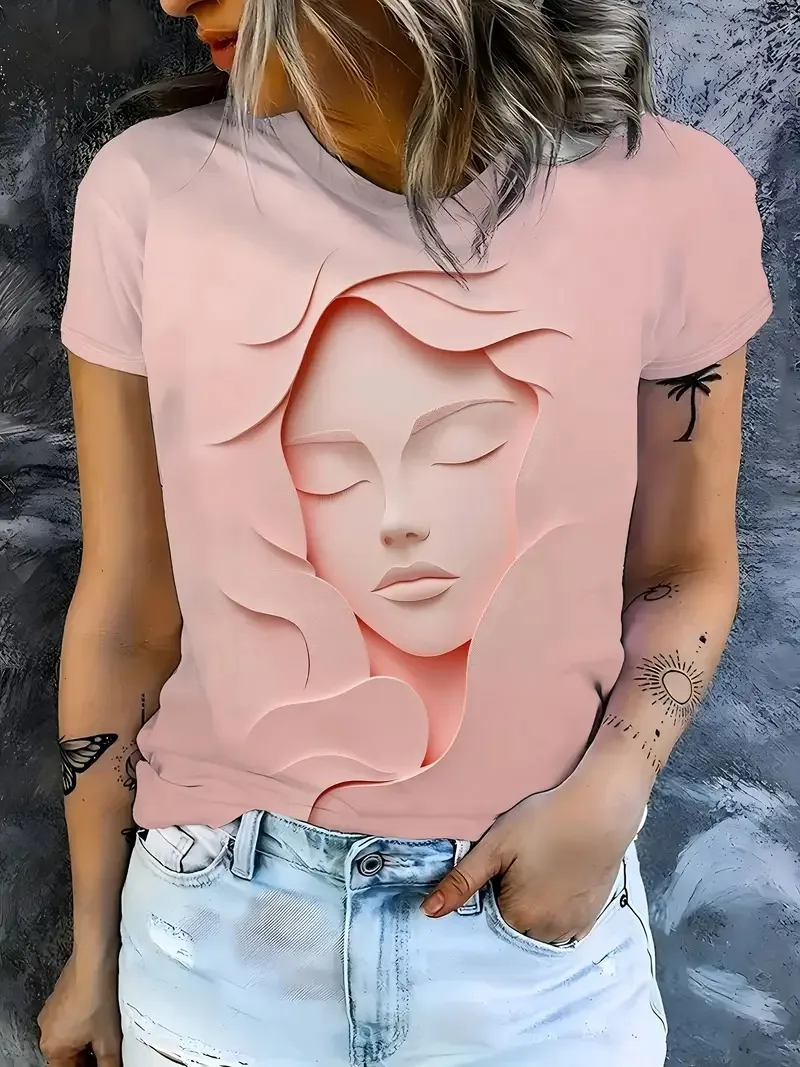 

Элегантная женская футболка с 3D художественным принтом на лице, розовые топы с короткими рукавами, изысканный абстрактный дизайн, повседневная повседневная женская одежда