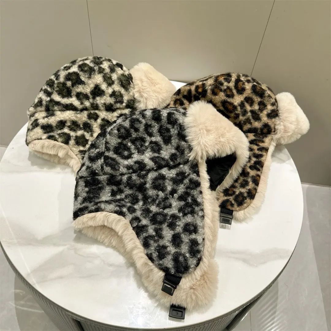 Leopard Print Bomber Beanie Winter Thickened Warmth-Retaining Cold-Protection Ear-Covering Hat Outdoor Windproof Pilot Cap