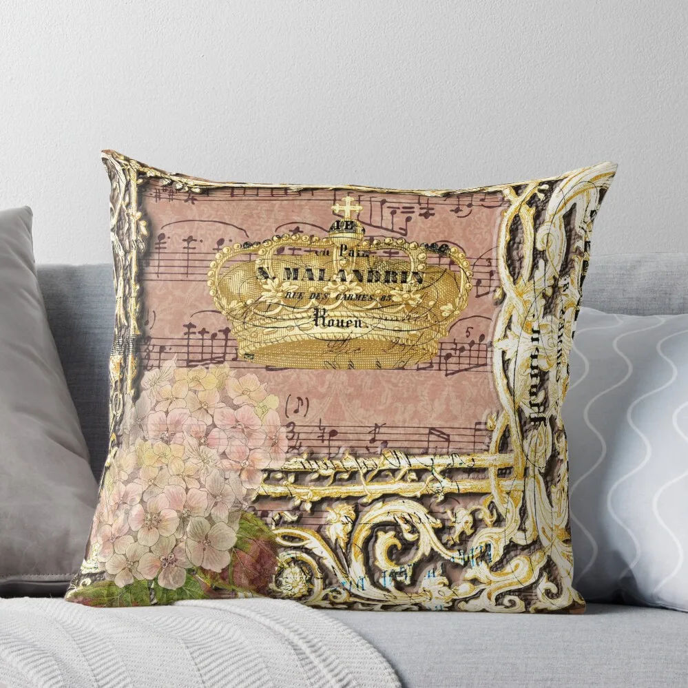 Vintage French Music Crown Collage Throw Pillow Pillow Cases Custom Cushion