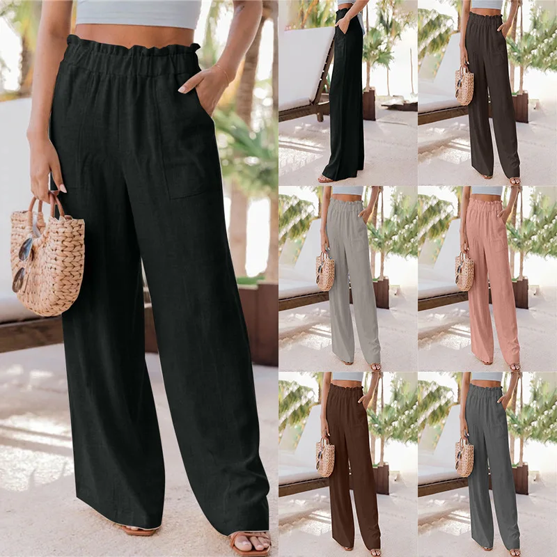 Summer Women's Casual Pants Fashion Ruffled Pocket Wide Leg Pants Women's Pants