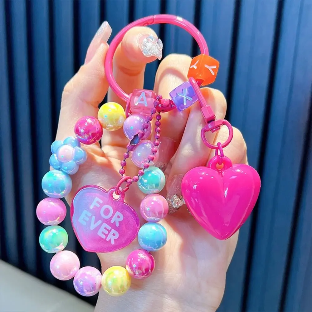 Cute with Beaded Chains Heart Keychains Colorful Acrylic Keyring Exquisite Bag Accessory Gift