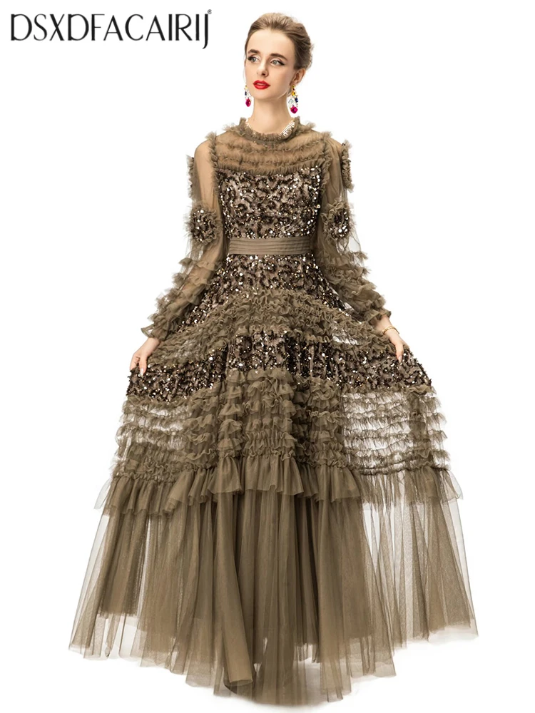 DSXDFACAIRIJ المرأة الترتر التطريز المرقعة فستان شبكي س الرقبة فانوس كم الكشكشة خمر ماكسي الخريف الإناث