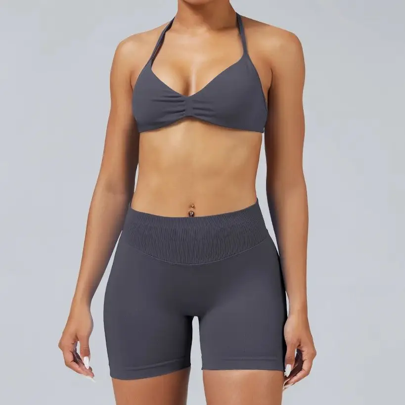 لا شعار 2 قطعة مجموعة رياضية النساء سلس ملابس رياضية لليوجا Strappy الرياضة الصدرية مجموعة تي شيرتات قصيرة للأطفال الصالة الرياضية اللياقة البدنية ملابس رياضية الجري تجريب مجموعات
