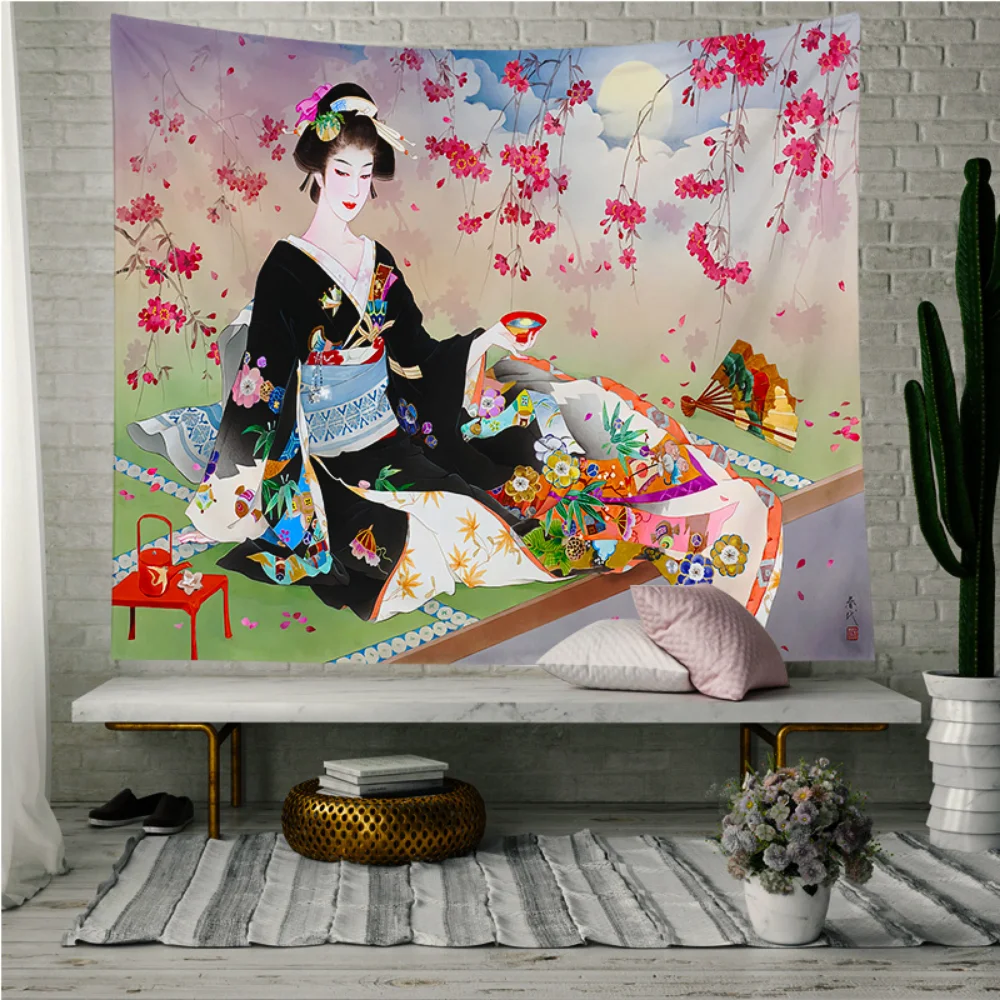 Beautiful Japanese Geisha Girl Tapestry Japan Culture Wall Hanging Cartoon Tapestries Bedroom Living Room Home Wall Decor Cloth