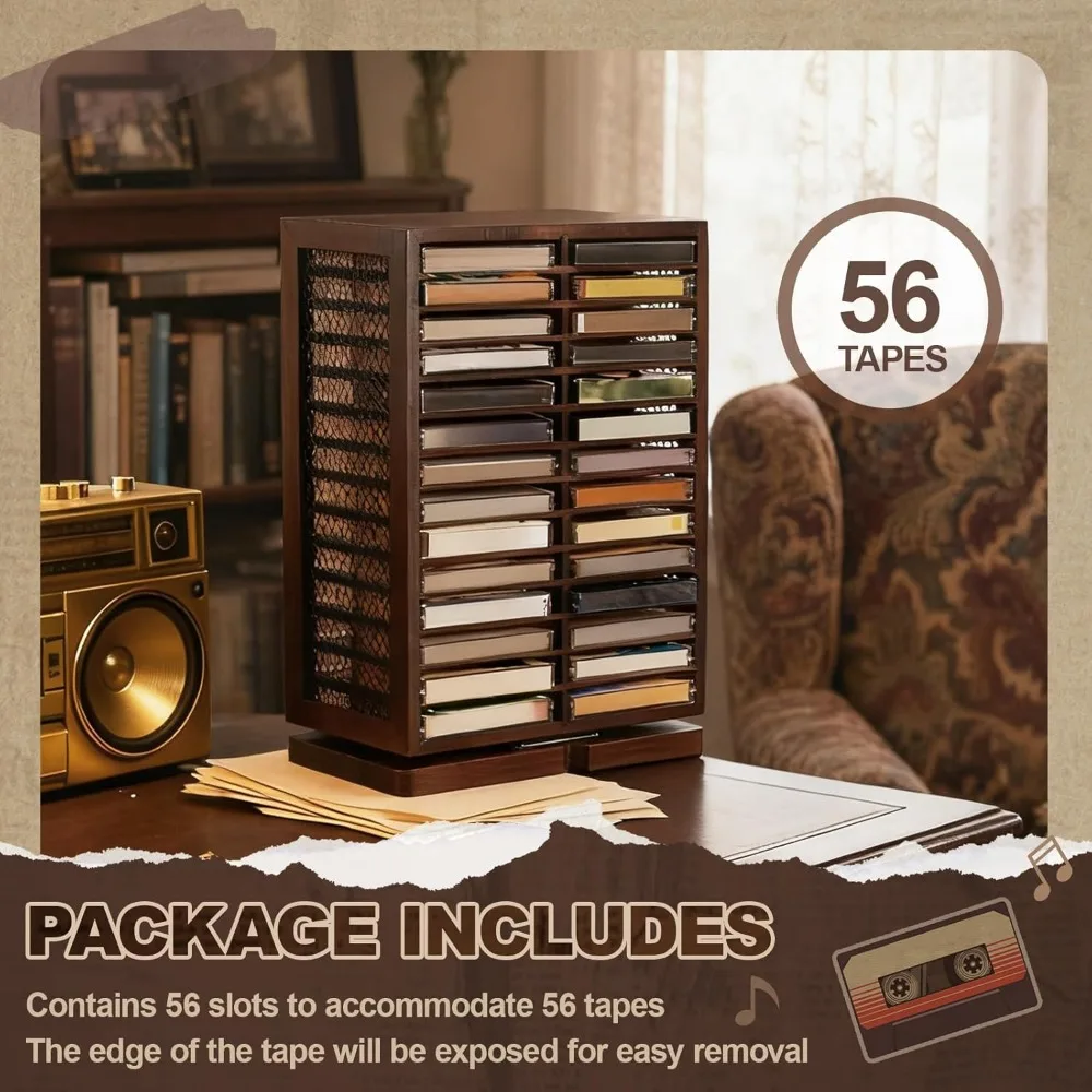 رف تخزين الكاسيت الدوار 360 °   حامل VHS عتيق على الوجهين لبرج الأقراص المضغوطة لجامعي الموسيقى (56 سعة)