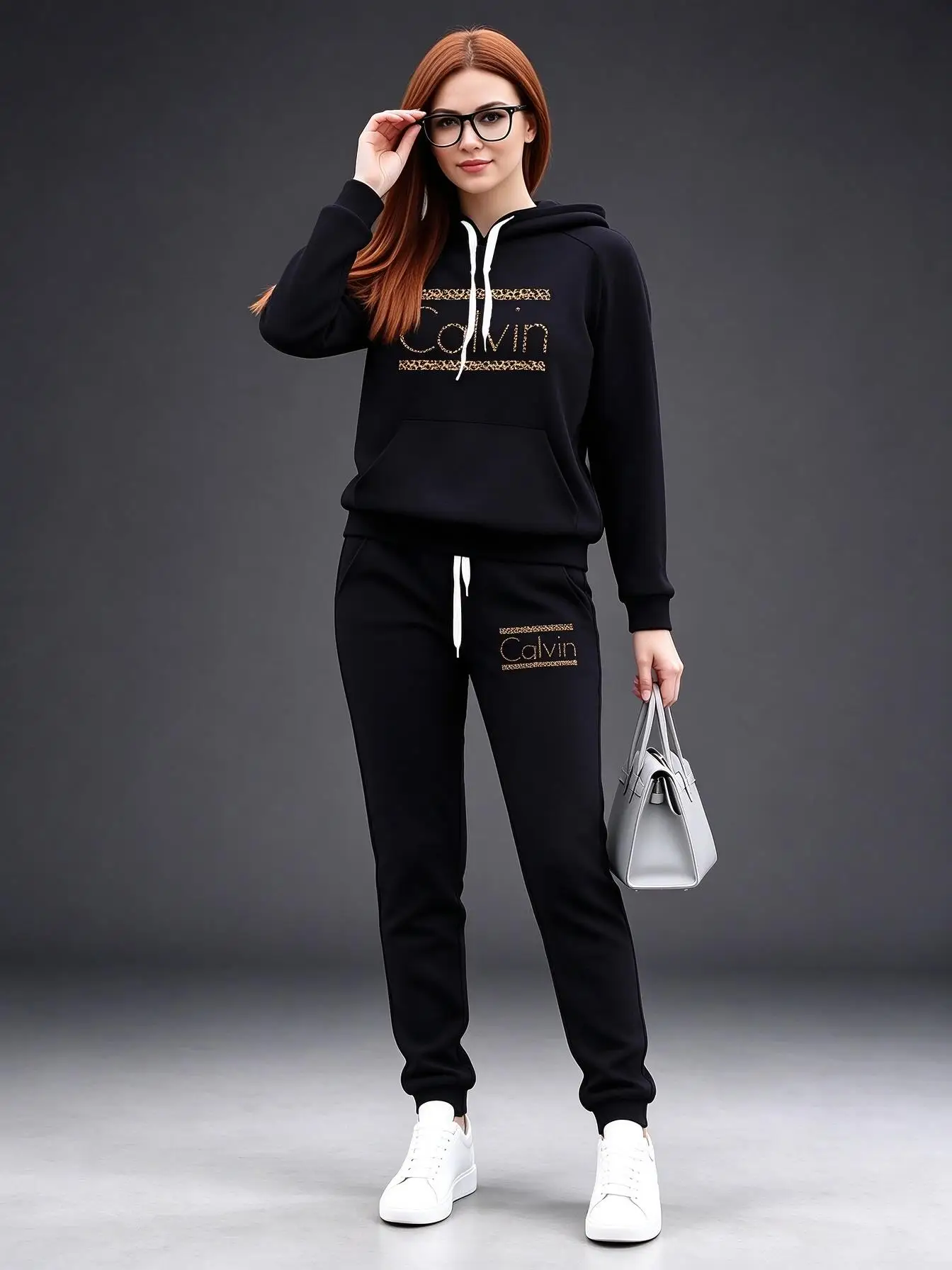 Women Faux Rhinestone Calvin Letter 2Pcs Tracksuit, Hoodie & Joggers, Bling Print Sweat Set