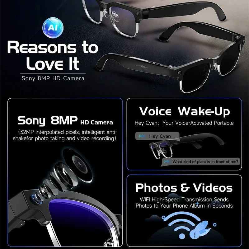 Inteligentne okulary IP65 z AI, kamera HD 800MP, nagrywanie wideo i zdjęć, połączenia Bluetooth, asystent głosowy, odtwarzacz muzyki, inteligentne okulary przeciwsłoneczne z funkcją tłumaczenia.