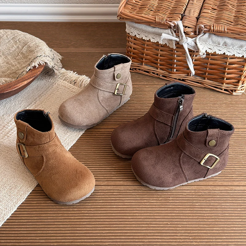 Kids Short Boots Retro Korean Style Girls Princess Boots Round Toes 2026 Autumn Winter warm Children Leather Boots 23-33
