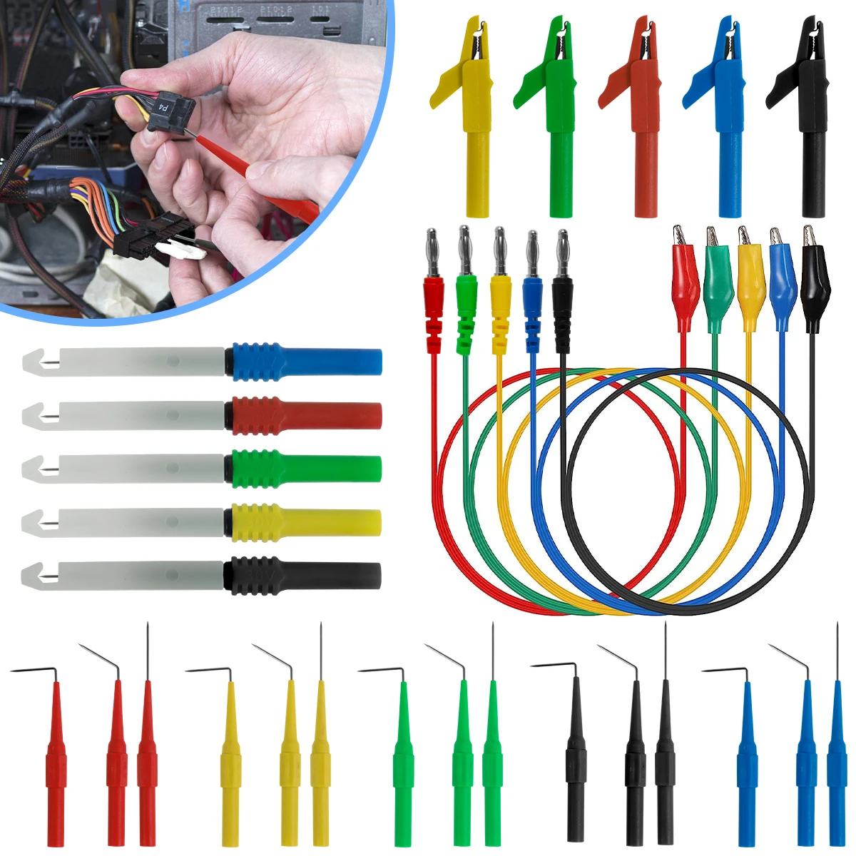 

25/30Pcs Back Probe Kit 1000V/10A Stainless Steel Back Probe Pins with Alligator Clip Banana Plug to Alligator Clip Copper Test