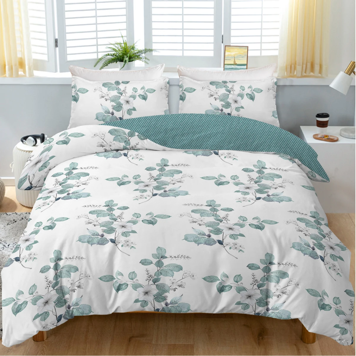 3pc White Flower with Green Leaves Bedding Set for Summer and Other Seasons Quilt Cover with 1 Duvet Cover and 2 Pillowcases