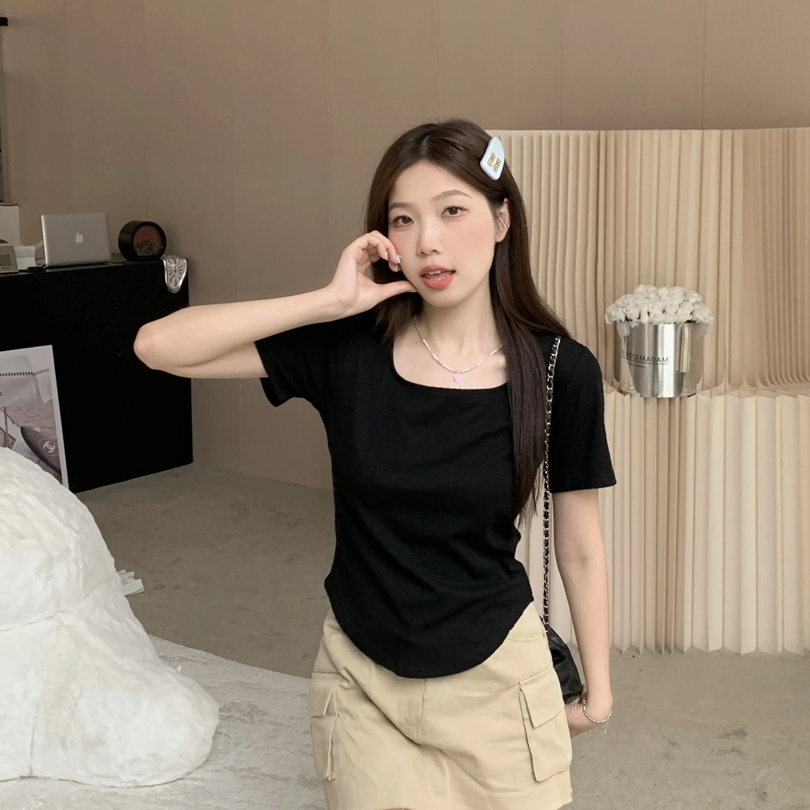 Slim Fit Short Sleeve T-Shirt Korean Style Square Collar Irregular Hemline plus Size Women's Summer Fashion Casual Top