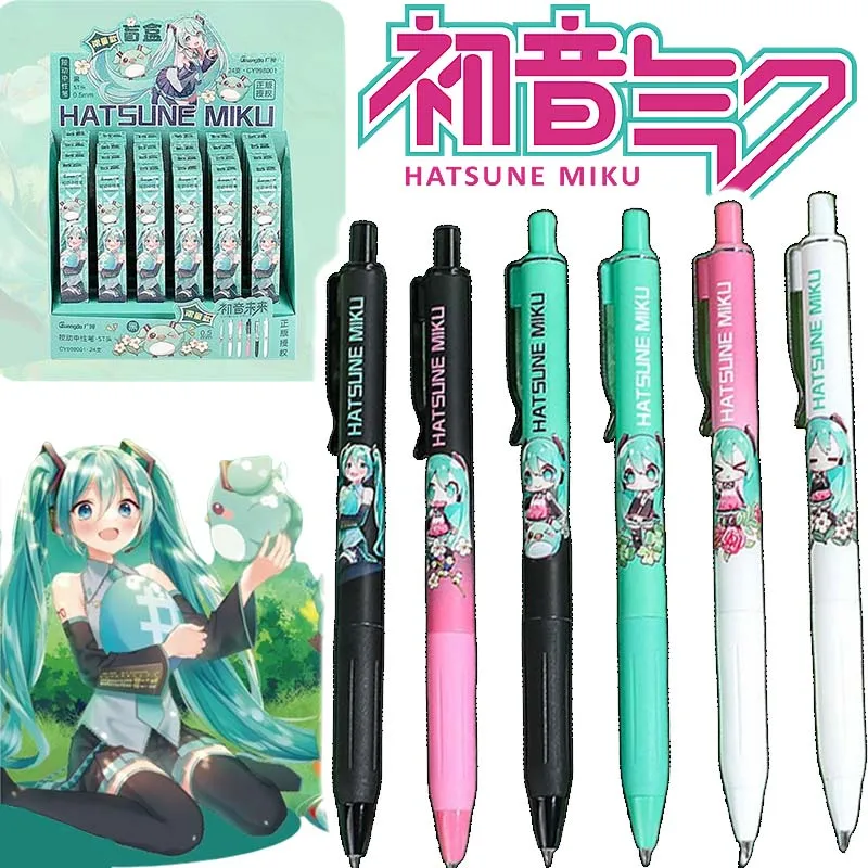 Hatsune-Bolígrafo de Gel de dibujos animados Miku, punta de bala, 0,5mm, negro con gancho de Metal, escuela, oficina, suministros de escritura para estudiantes, papelería Kawaii, nuevo