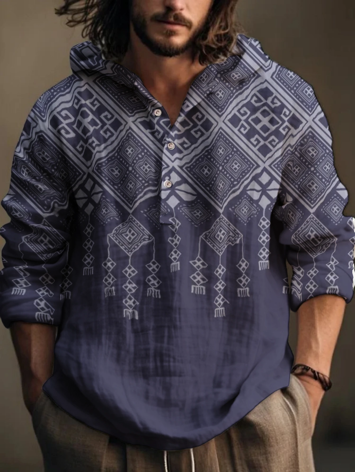 Men Vintage Ethnic Geometric Print Hooded Henley Shirt Long Sleeve Polyester Casual Top