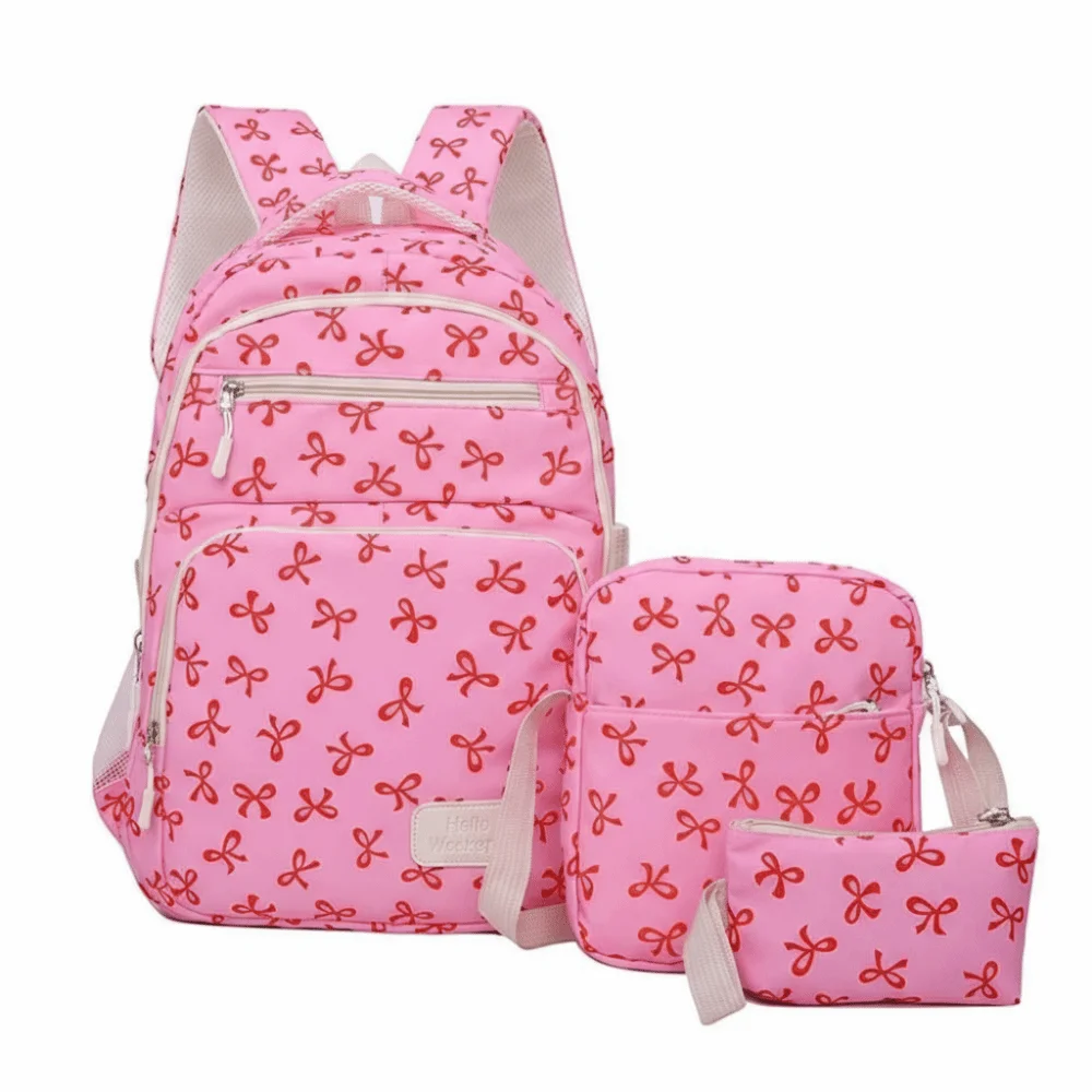 Daypack Three-piece School Bag Set Large Capacity with Pen Bag Nylon Bow Backpack Scratch Prevention Casual Students School Bag