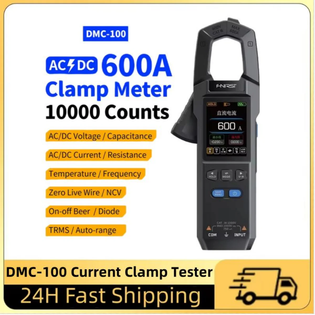 FNIRSI DMC-100 DC AC Current Voltage Clamp Meter USB Charger 10000 Counts 600A Amperimetric Clamp Tester NCV Electrician Tools