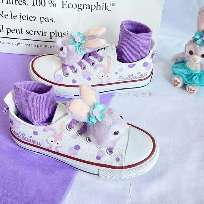 Disney Children's Spring StellaLou Purple Cute Cartoon Girls' Casual White Canvas Shoes for Primary School Students Size 23-37