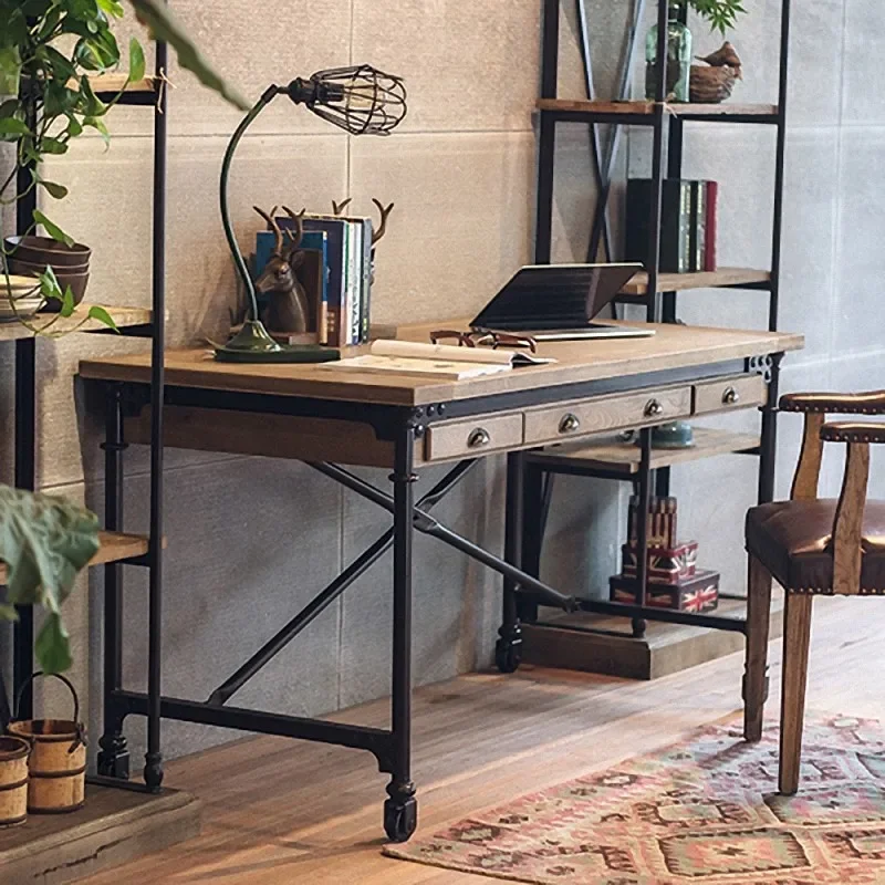 

American loft industrial style wrought iron solid wood computer desk desktop home retro simple office workbench desk