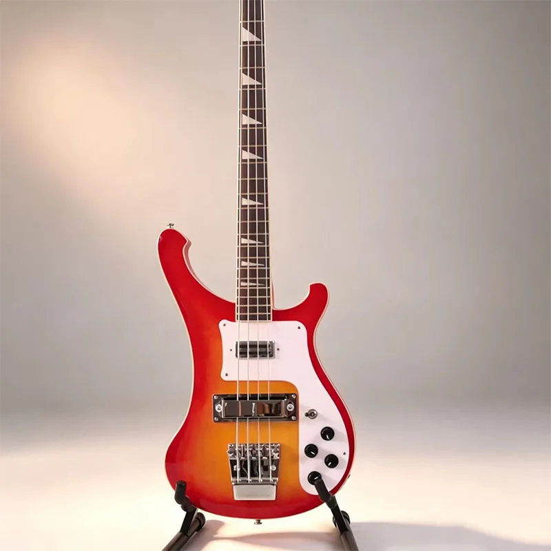 Orange Red Gradient Special Shape Electric Bass, Dual Humbucker Pickups, Fixed Bridge, Solid Wood Body, Classic Appearance, for Practice & Stage Performance, Musical Instrument Gift