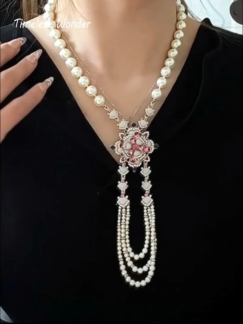 

Timeless Wonder Fancy Glass Beaded Zircon Floral Tassel Necklace for Women Designer Jewelry Rare Bride Gift Trendy Sweet 3626