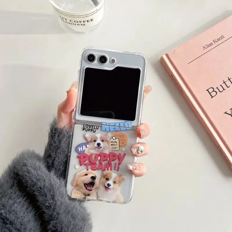 Cute Dog Cat Phone Case For Samsung Galaxy Z Flip 6 7 ZFlip5 5G Transaprent Clear Cover For Samsung ZFlip4 ZFlip 3 Animal Fundas