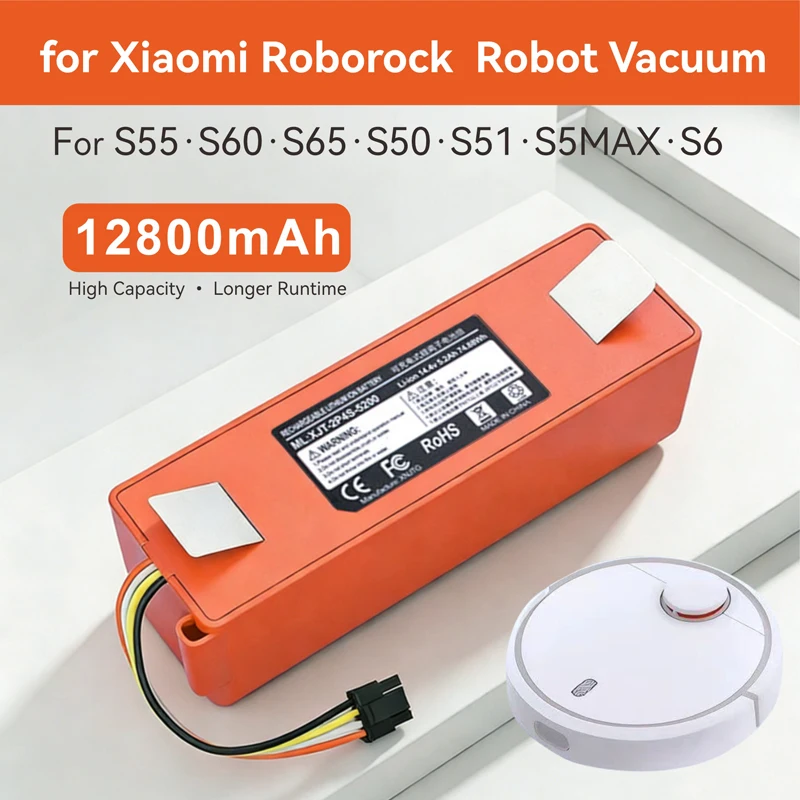 14.4V for Xiaomi Roborock S55 S60 S65 S50 S51 S5 MAX Robot Vacuum 12800mAh 18650 A-Grade Cells Longer Runtime