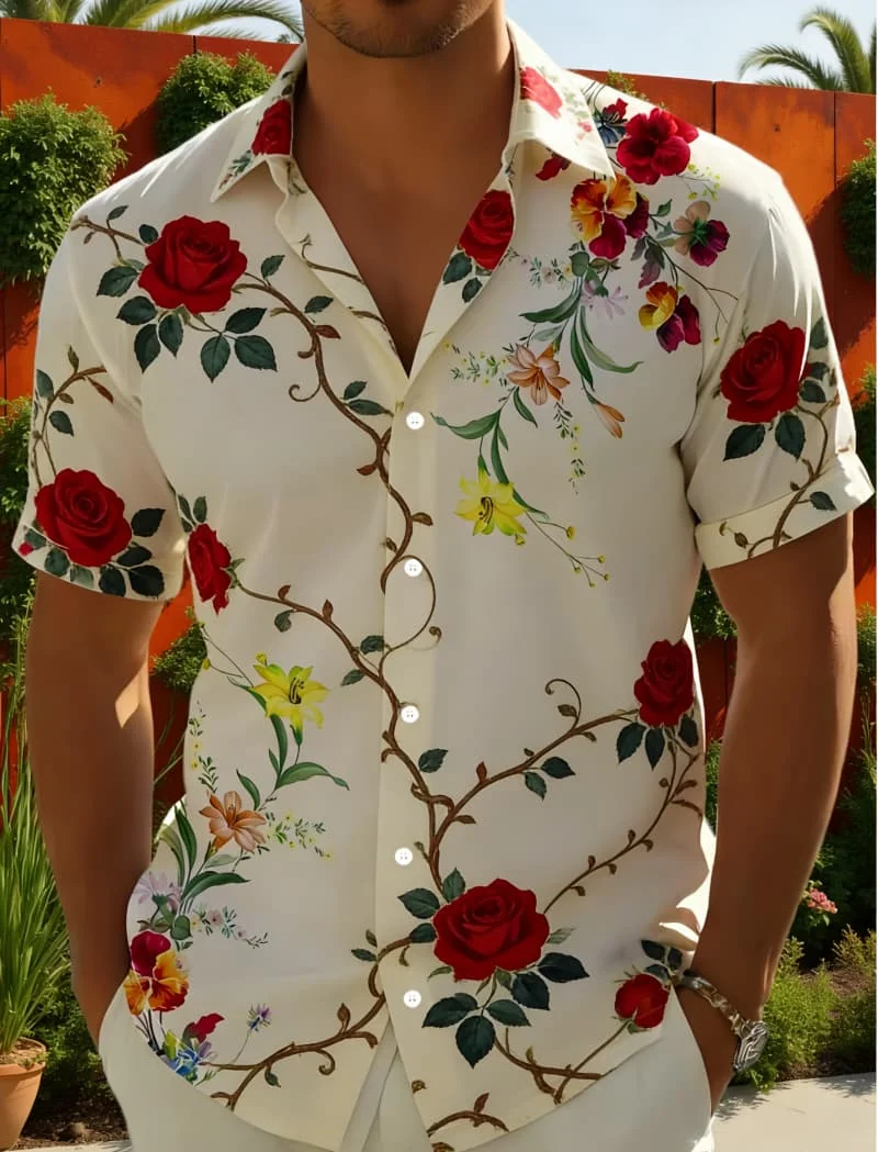 

Men's Elegant Floral Print Short Sleeve Shirt Summer Casual Fashion For Daily Wear Holiday Beach And Street Style Outfits