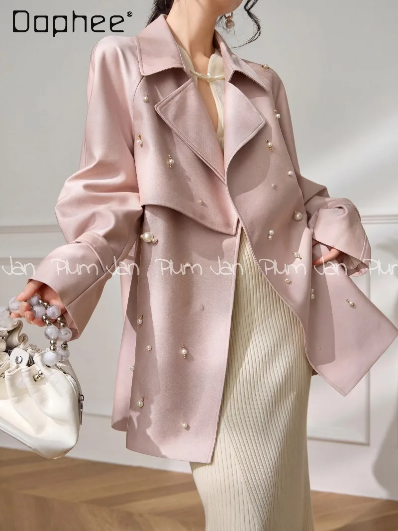 

French Elegance High End Pink Beaded Loose Trench Coat Women 2026 Early Spring New Trendy Commuting Style Socialite Trench