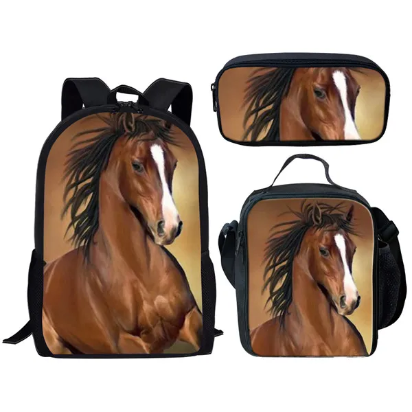 Fashion Popular Novelty Funny Fire Crazy Horse 3D Print 3pcs/Set pupil School Bags Laptop Daypack Backpack Lunch bag Pencil Case