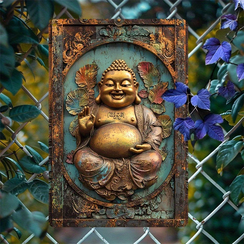 

Golden Laughing Buddha Metal Wall Art - Aluminum Tin Sign with Intricate for Lotus & Floral Design, Serene Green & Golden Decor