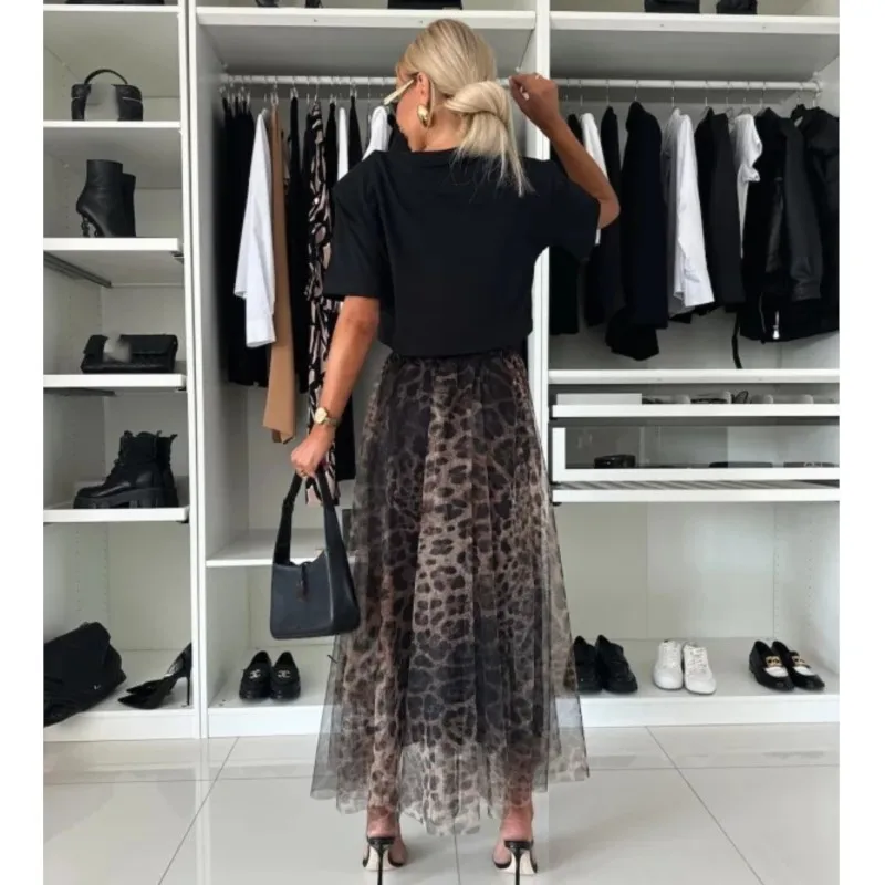 Women\'s Leopard Print Skirt With Elastic Waist And Large Swing Mesh Sexy Autumn And Winter Versatile New Ladies\'s Skirt 2024