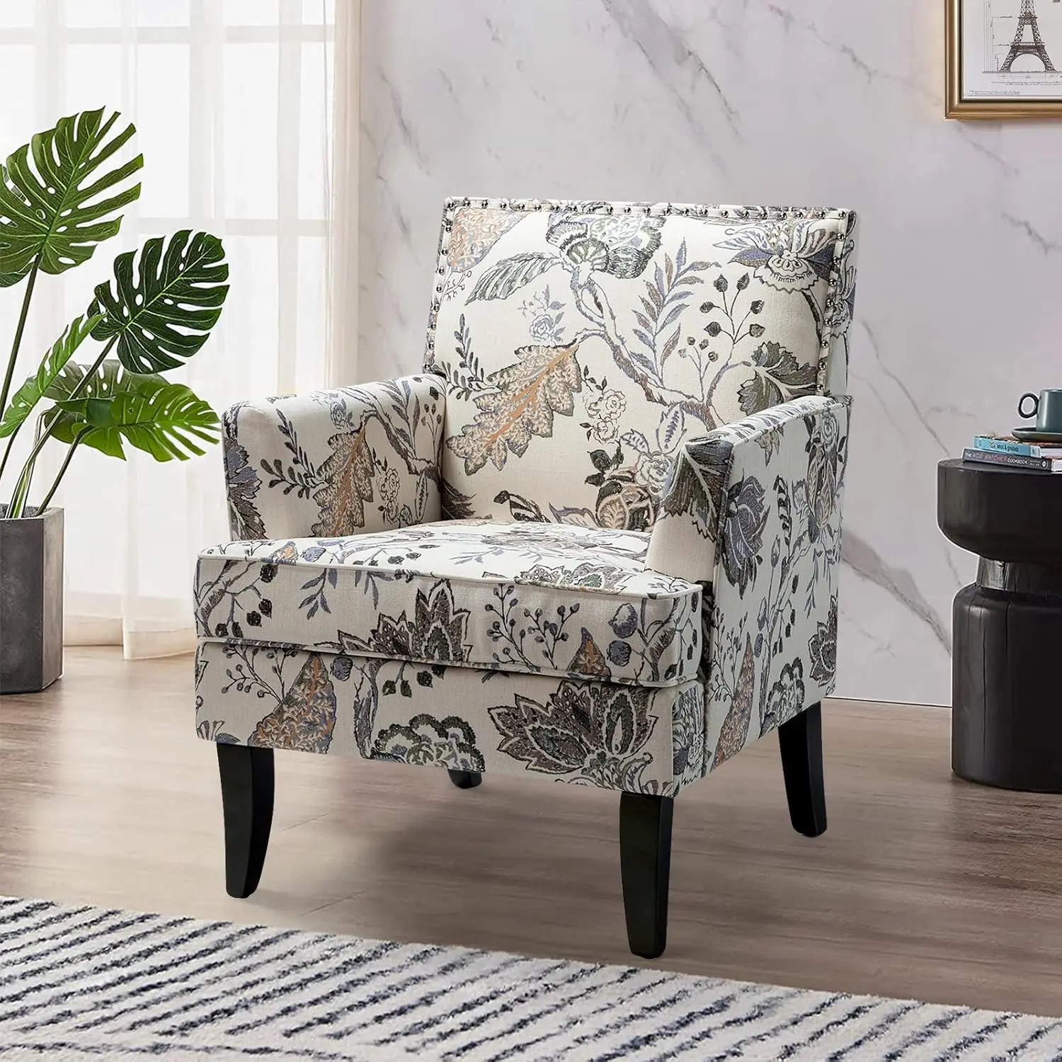 Printed Armchair Floral Upholstered Sofa Chair Solid Wood Legs Padded Cushion Rivet Design Living Room Bedroom, Customized