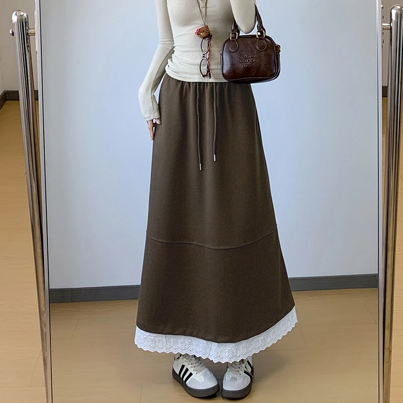 

Шерстяная кружевная лоскутная полуюбка женская осенью и зимой, новинка 2023 года, утягивающая большая длинная юбка-зонтик с высокой талией А-силуэта