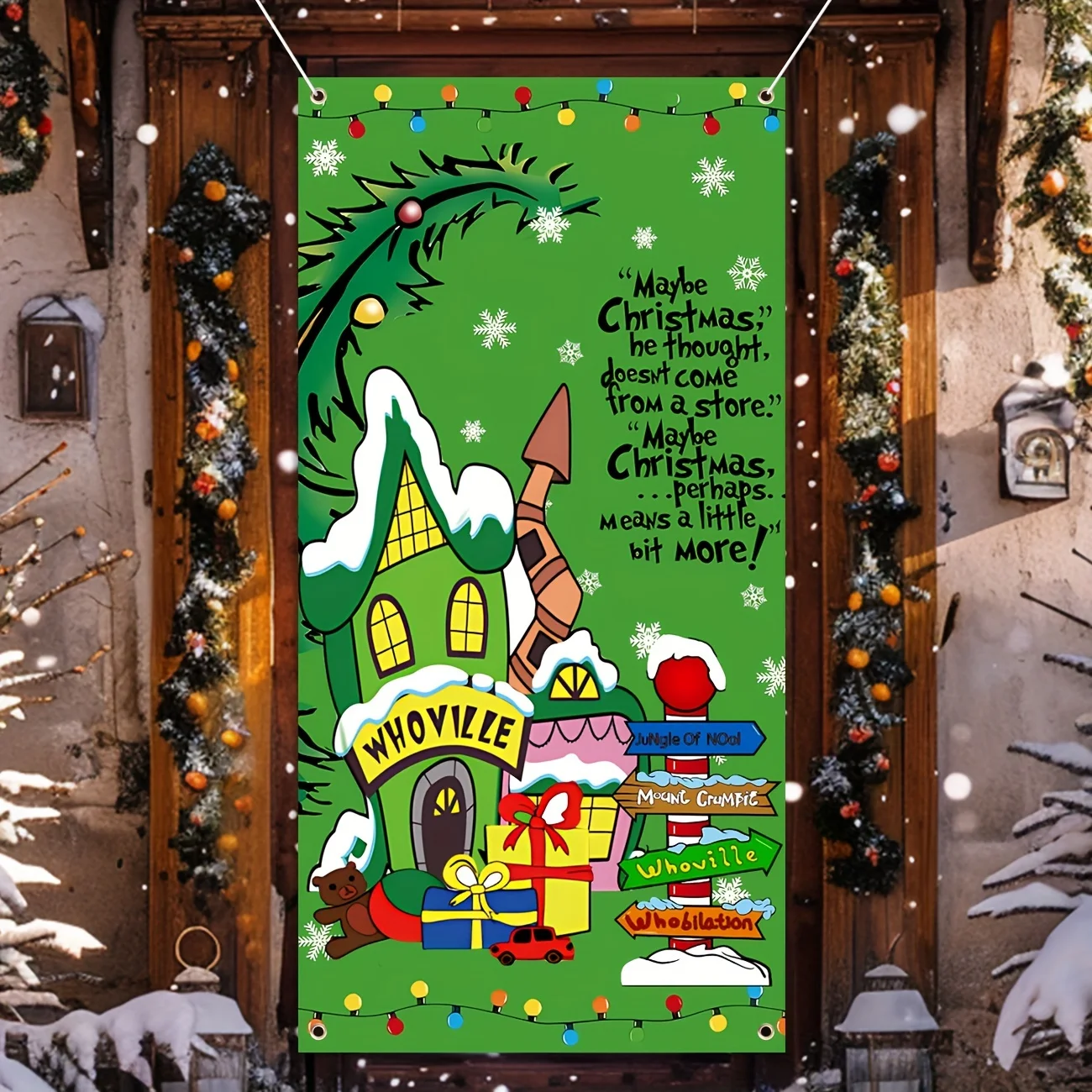 Merry Christmas Door Cover Green Whoville Xmas Winter Holiday Party Decorations Backdrop Door Hanging Banner