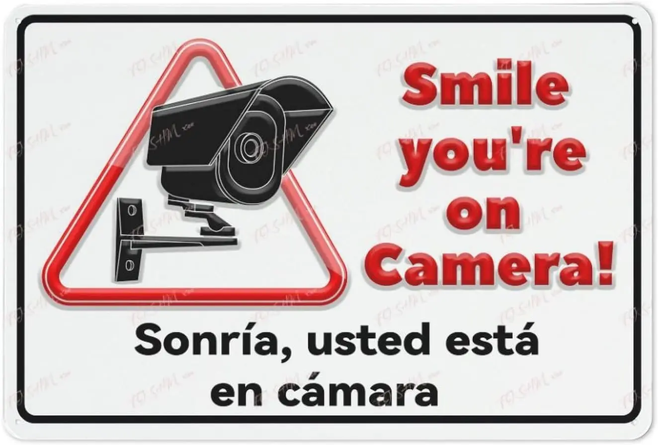 Metal Sign Smile You'Re On Camera! Sonria Usted Esta En Camara Bilingual Aluminum Sign Video Security CCTV Warning Notice Re 1pc