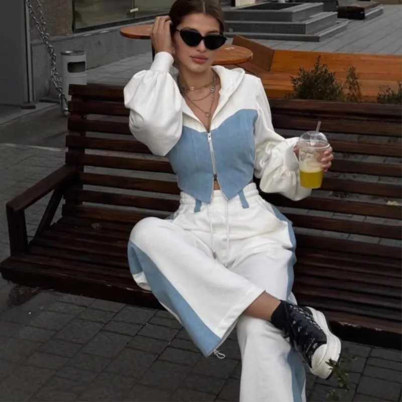 

Fashion Contrast Color Patchwork Hoodies Pants Set Women Zipper Short Hooded Coats Lace Up Wide Leg Pant Spring Autumn Tracksuit