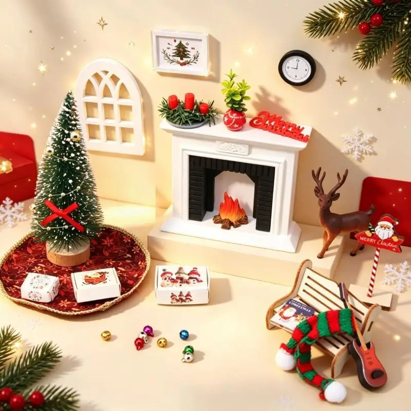 Mini Christmas Scene Kit Desktop Ornament Dollhouse Fireplace Xmas Tree Living Room Decor Model Micro Scene Layout Decor Props