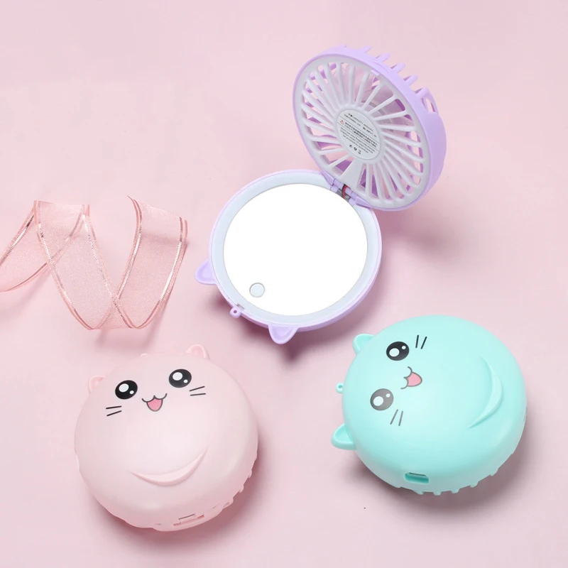 Cute Portable USB Rechargeable Makeup Mirror LED Fill Light Mini Fan Toys New Fun Fashion Handheld Mini Fan Children's Gifts