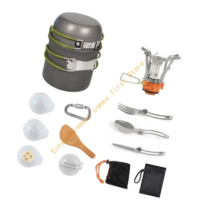 

55KD Camping Cookware Kits With Folding Spoon Fork Cutter Portable Picnics Cooking Set