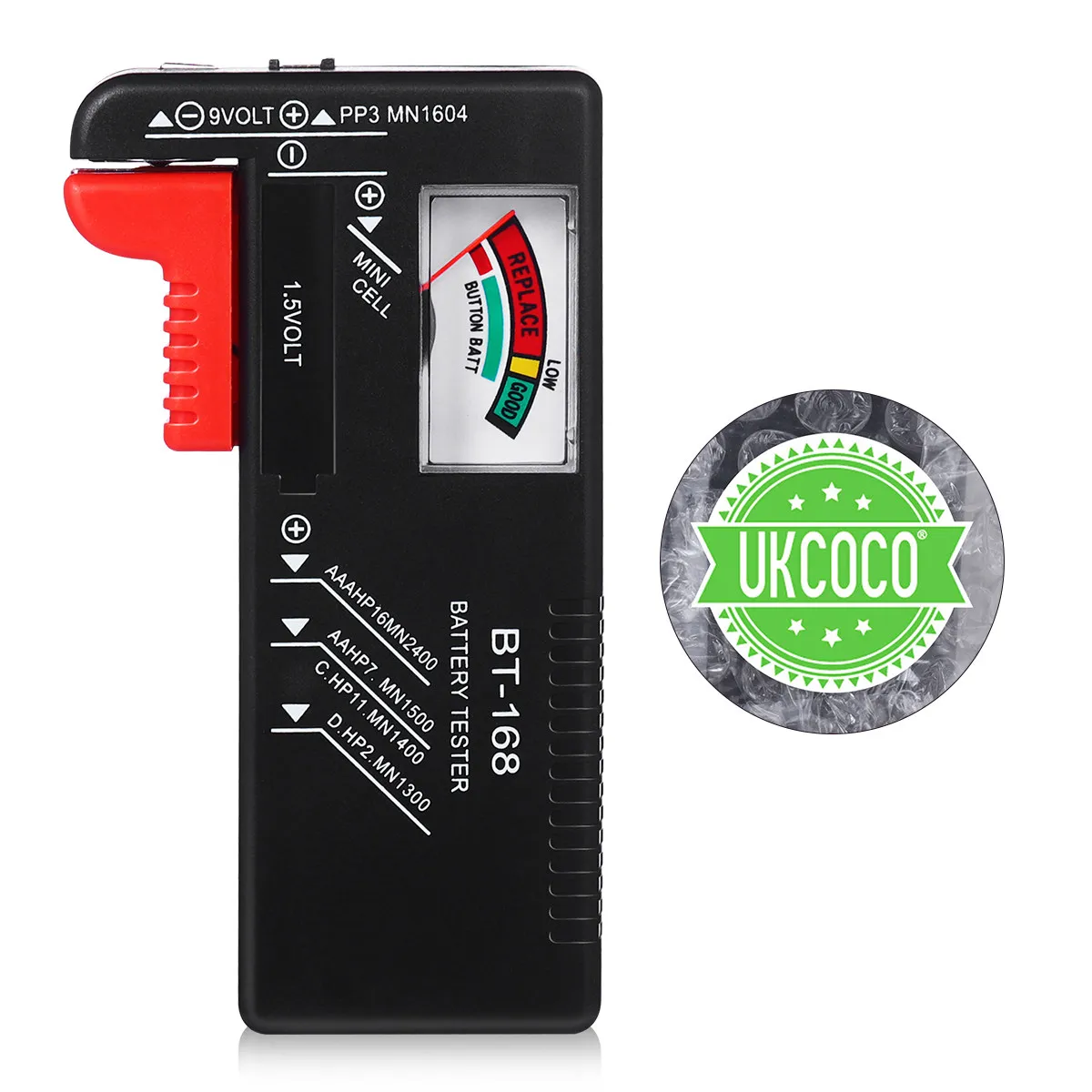 Universal Battery Tester for AA AAA 9V 1.5V Button Cells – Analog Voltage Checker with Red/Yellow Status Indicator