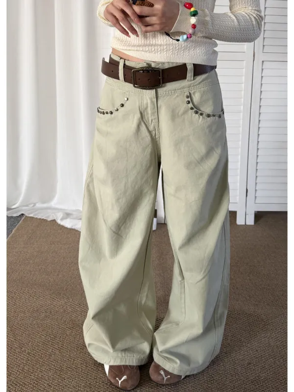 

Retro American Style Wide Leg Jeans Women's Loose Fit Spring Autumn New Street Fashion Deconstructed Embellished Denim Pants