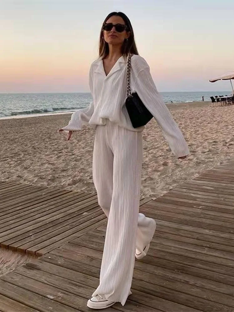 

Spring Women's Temperament Long-sleeved Wide-leg Pants Set Simple Solid Color Drape Loose Smooth Pleated Casual Two-piece Set
