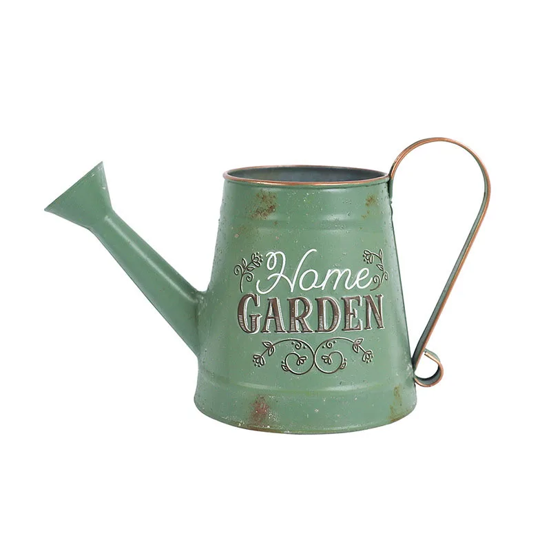 Vintage Distressed Metal Watering Can Green Home Garden Embossed Lettering Mini Water Pot  for Dried Flowers Arrangement