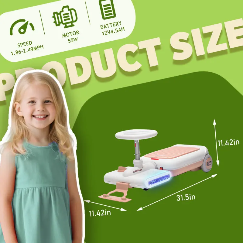 12-V-Reinigungswagen für Kinder, 55-W-Motor vorne mit Mopp zum Reinigen der Länge, erweitert um 6 cm, eingebaute Musik- und Beleuchtungsfunktionen