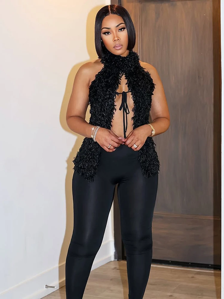 

Whatiwear Sexy Fashion 2 Piece Set Women Irregular Lace-Up Sweater Long Vest+Tight Peach Hip Leggings Street Activity Outfits