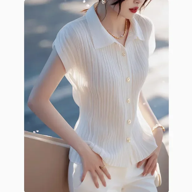 

Chic White Short Sleeve Women's Shirt Summer Thin Korean Style Beautiful Pleated Top Fashionable Miniature Polo Collar Blouse