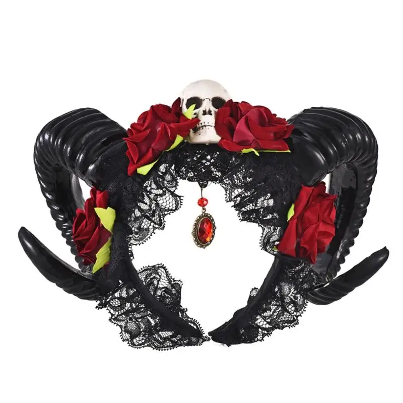 Adult Children Demon Sheep Horn Head Band Flower Decor Hair Hoop Halloween Christmas Costume Cosplay Party Supplies