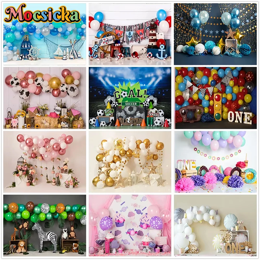 

Mocsicka Birthday Backdrop Balloons Soccer Cake Smash Party Decorations Baby Shower Girl Boy Photo Background Photography Studio