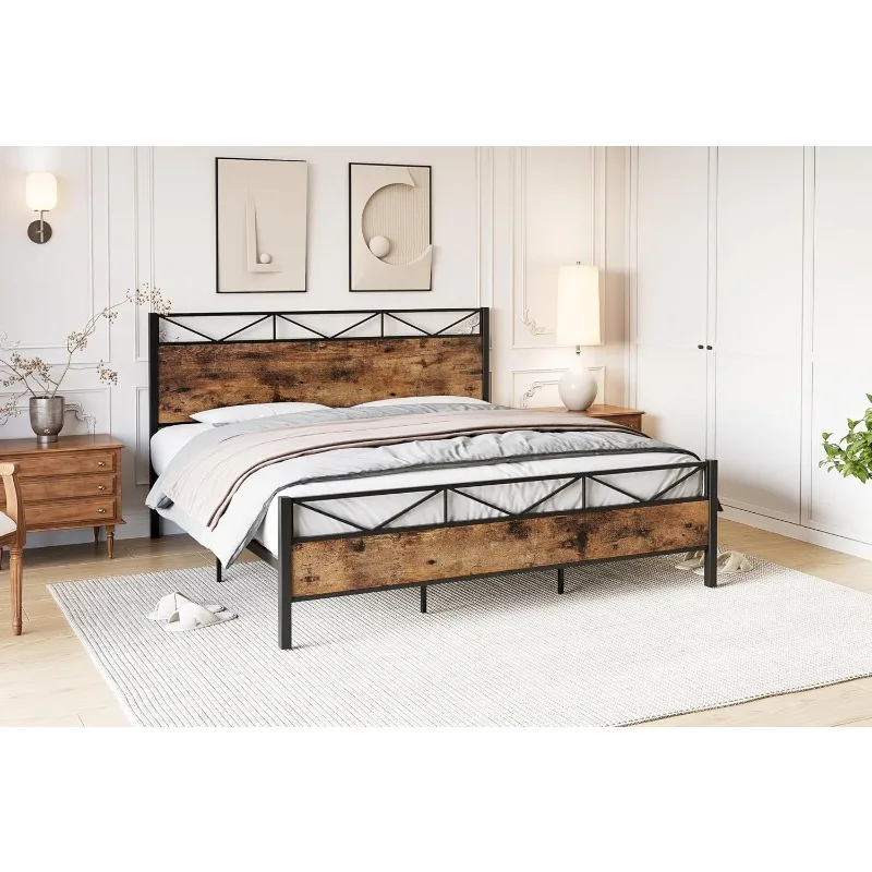 Metal Bed Frame with Headboard, King Size Bed Frame, Modern Industrial Bed Frame with Footboard, Heavy Duty 12 Metal Slat